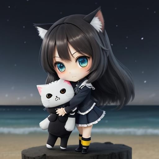 Chibi Catgirl on Beach at Night, Cel-Shaded Anime Art