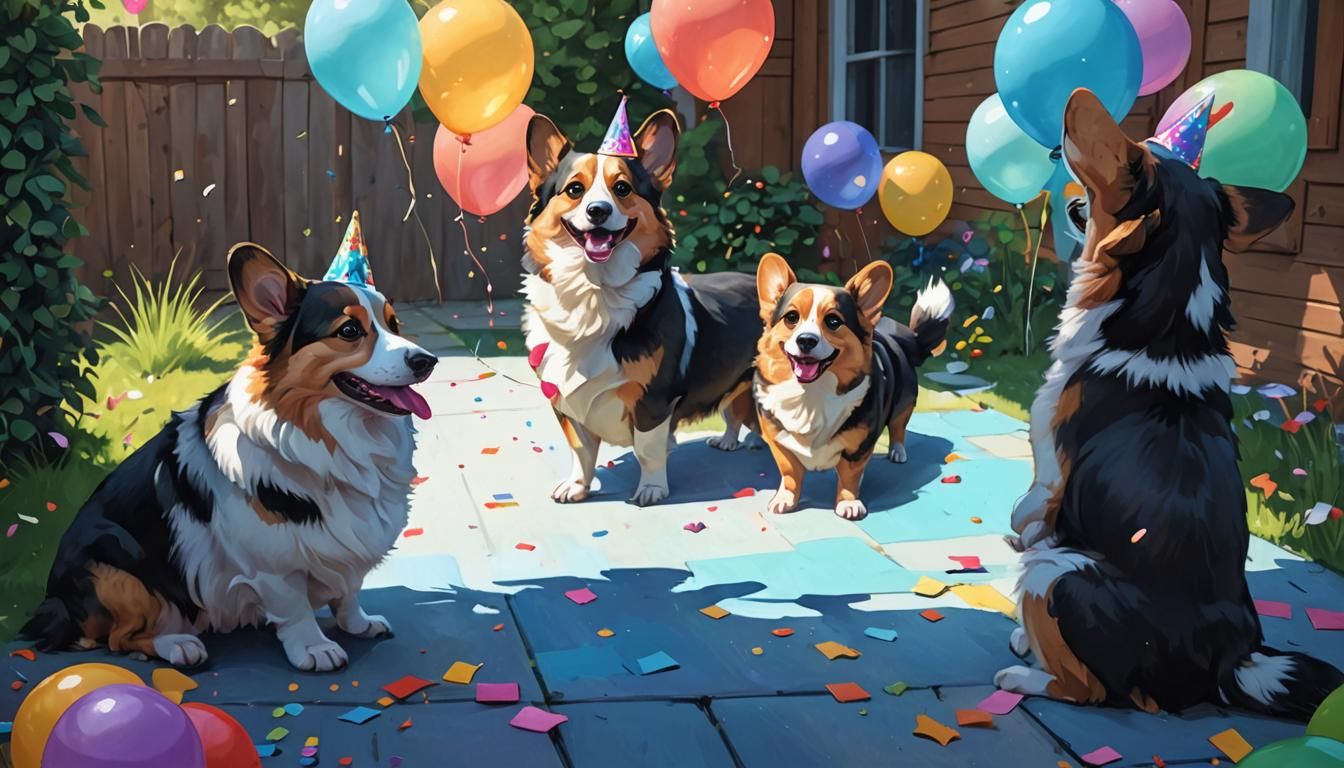 Corgi Party in Colorful Children's Book Illustration