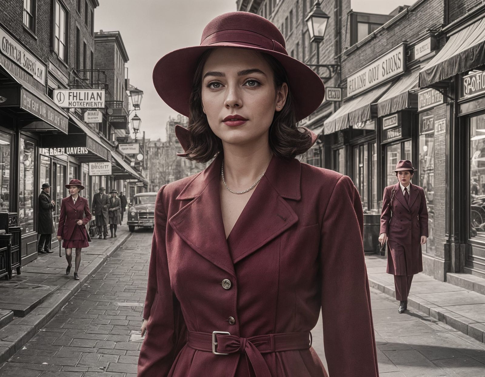 Elegant Woman in Burgundy Suit, Film Noir Style