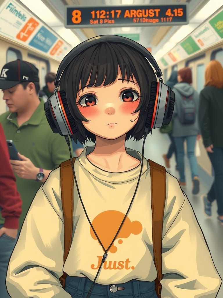 Trendy Girl Listens to Music in Metro