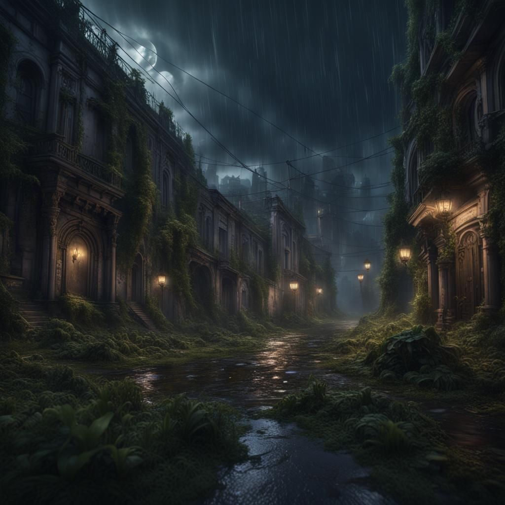 Gloomy Deserted City Overgrown at Night