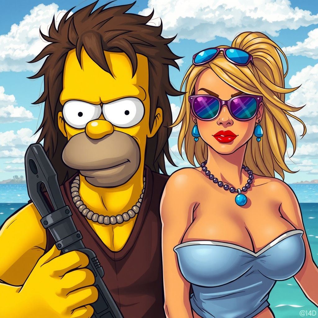 Homer Simpson as Rambo and Marge as Baywatch