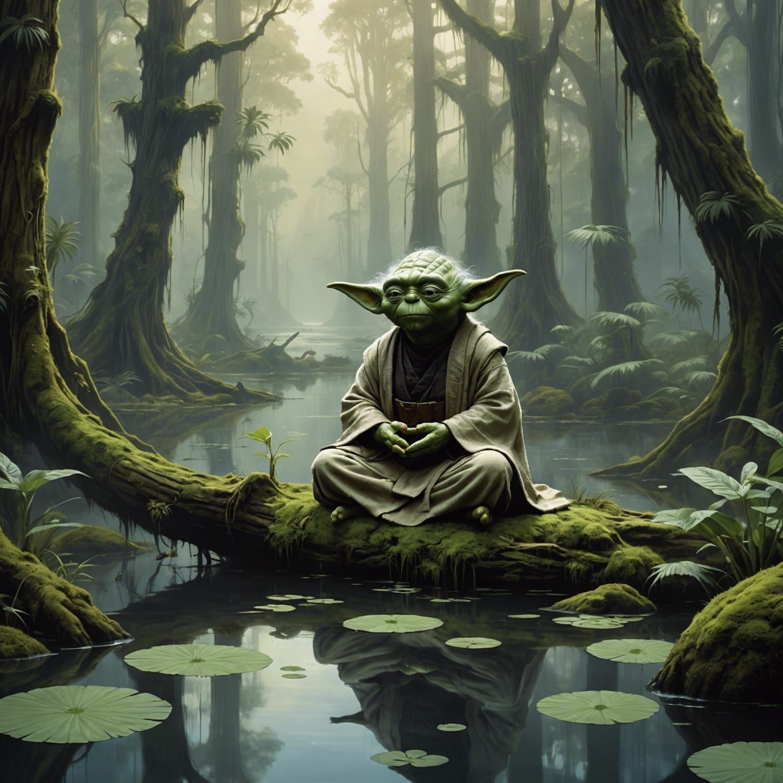 Yoda Meditating Peacefully on Dagobah: Cinematic Oil Paintin...