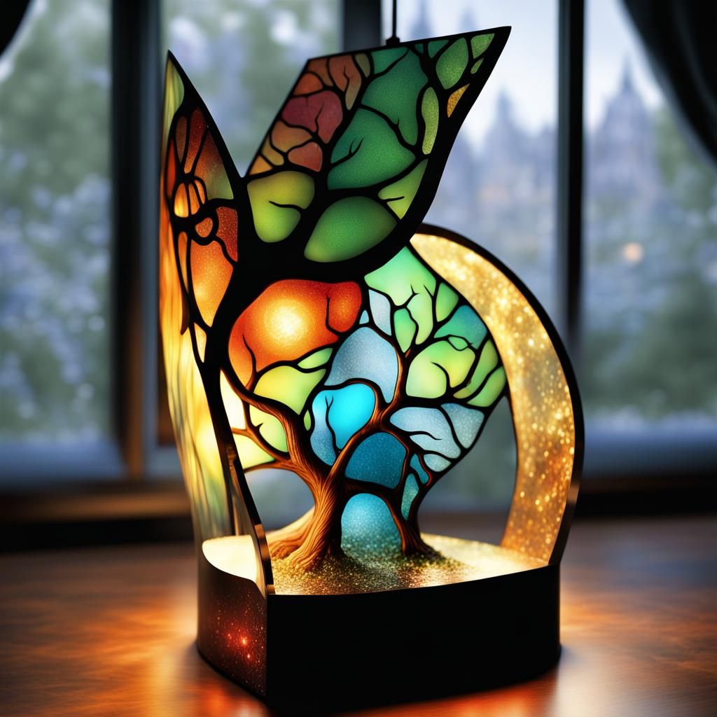 Stained Glass Tree Lamp with Creature Silhouette