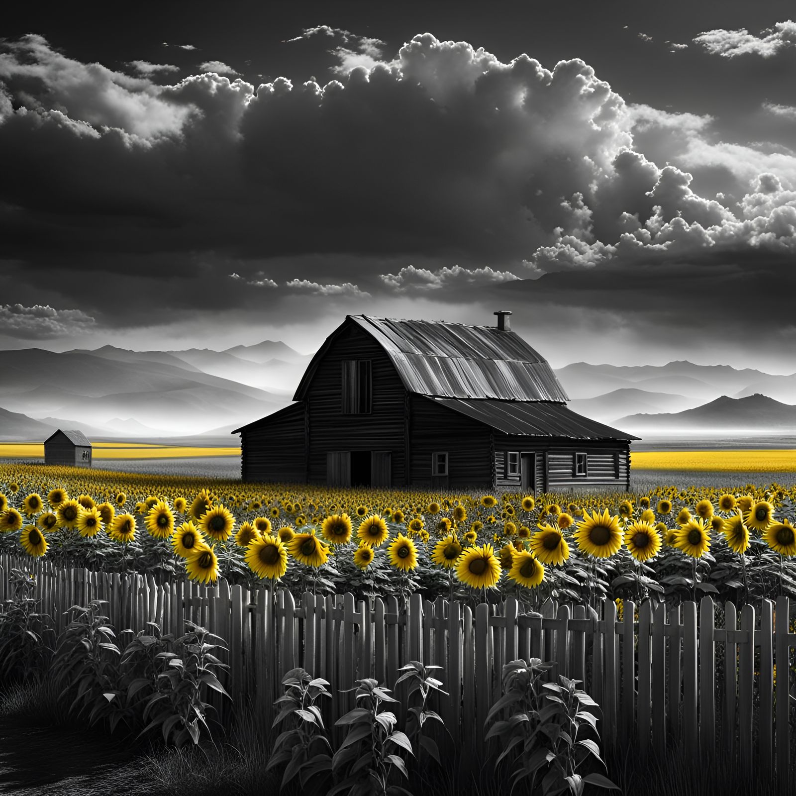 Black and White Prairie with Yellow Sunflowers