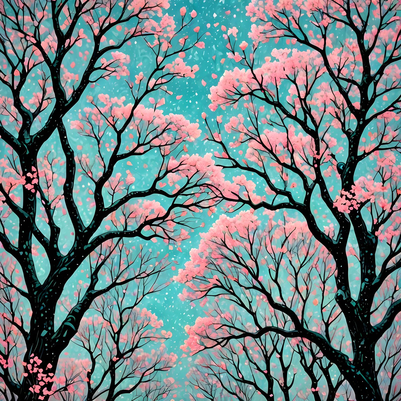 Crystal Rain and Cherry Blossoms in Pointillism Style