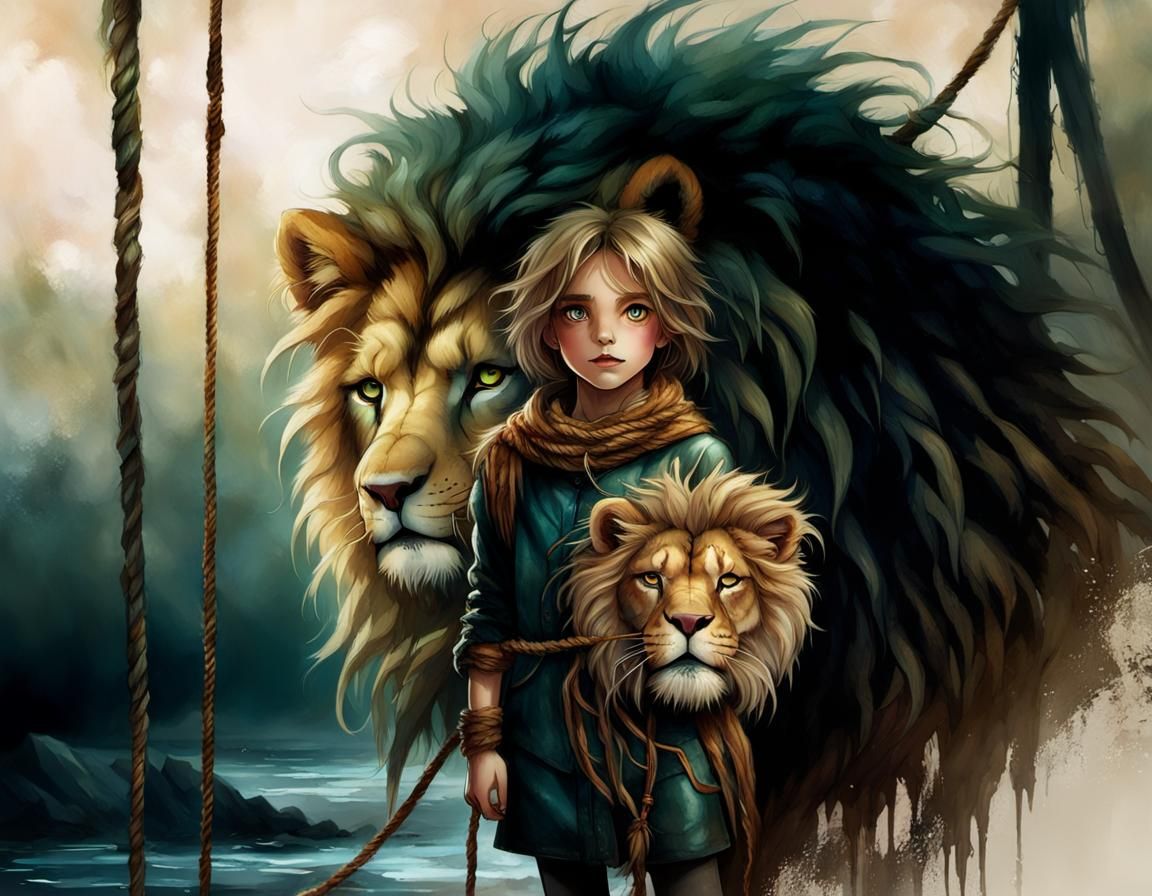 Girl Leads Lion: Fantastical Realism Painting