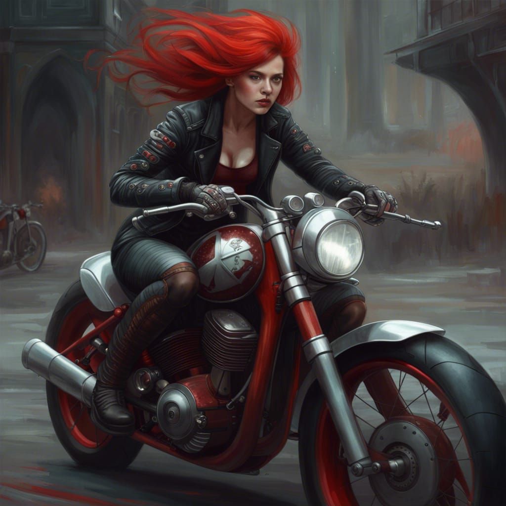 Biker Girl on Motorcycle in Digital Art Style