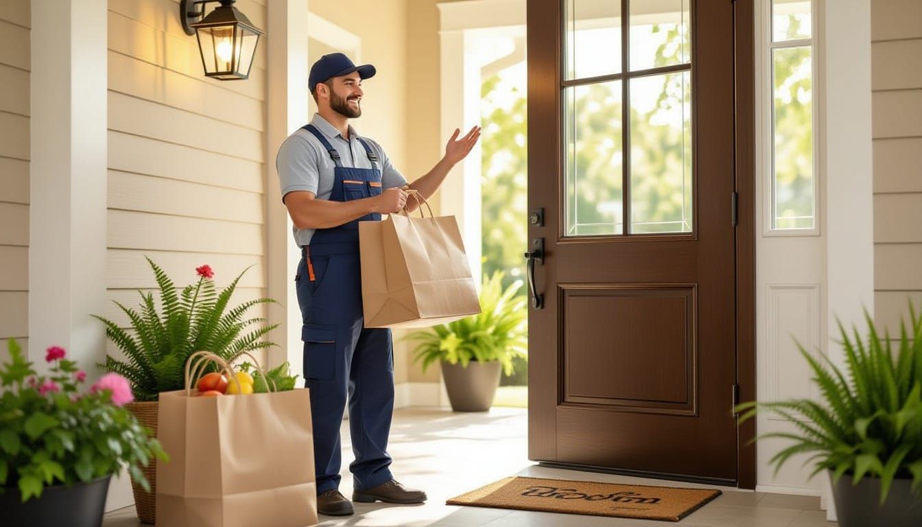Delivery Person Rings Doorbell in Semi-Realistic Caricature