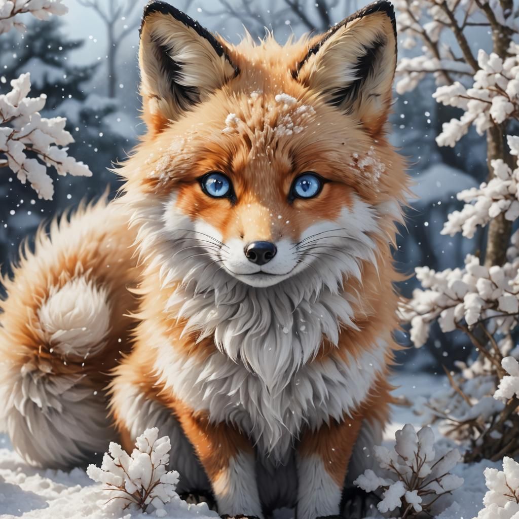 Fluffy Fox with Blue Eyes in Anime Style