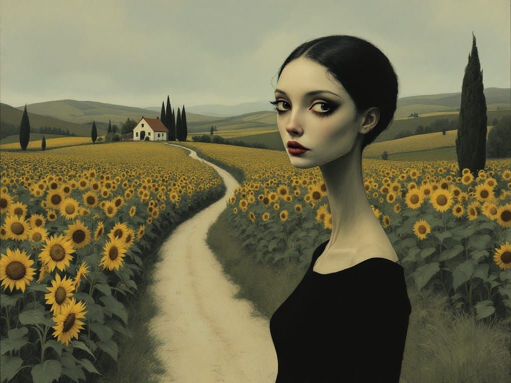 Elegant Woman in a Whimsical Countryside