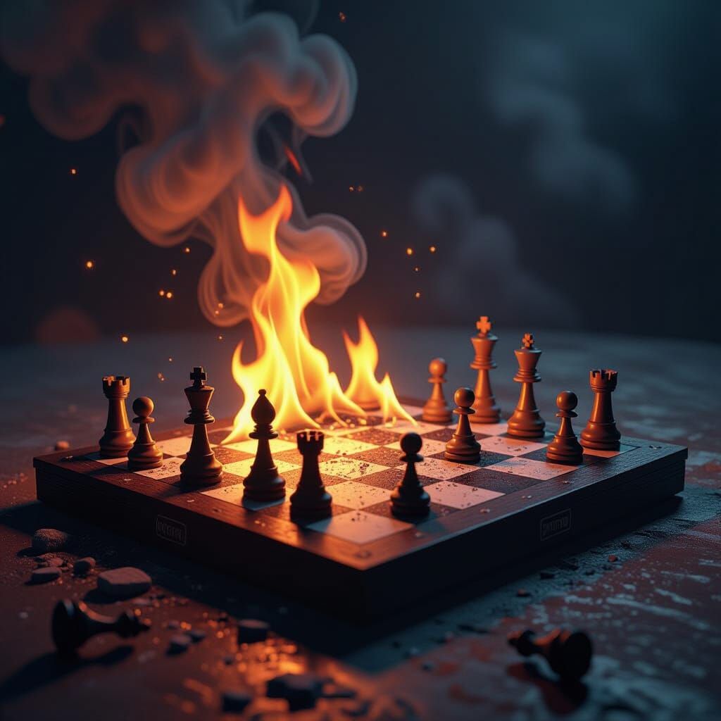 Burning Chessboard on Earth in Graphic Novel Style