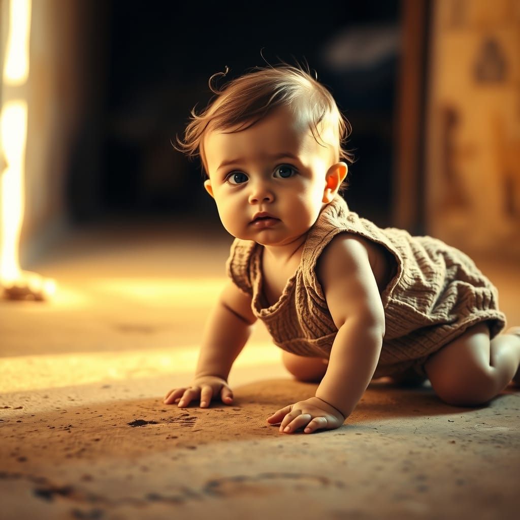 Little Girl Crawling on Earthy Floor in Jute Onesie