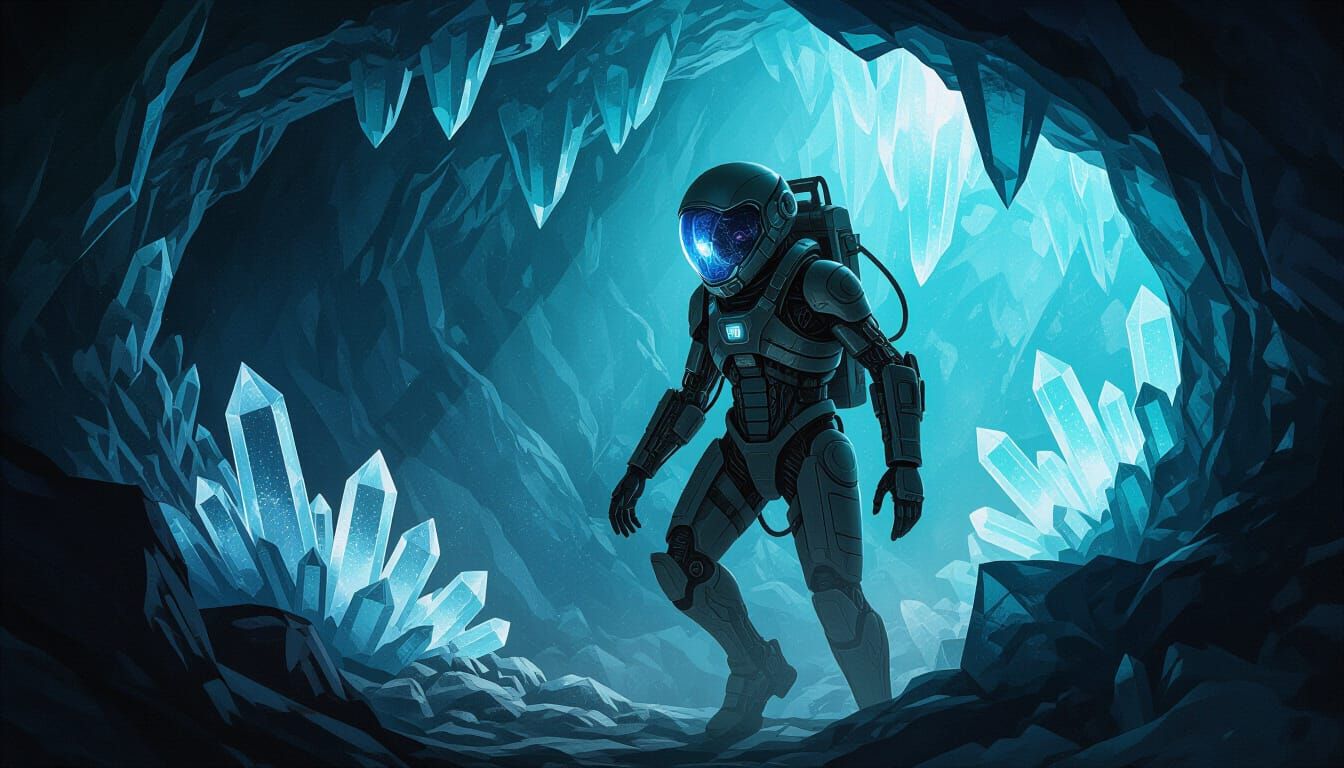 Biomechanical Astronaut in Crystalline Cave
