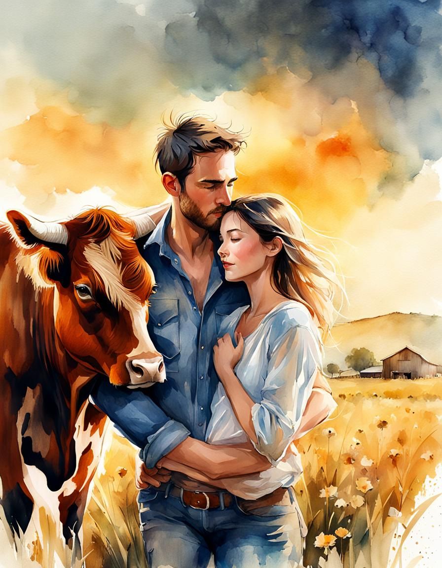 Farmer and Cow: Golden Hour Watercolor Illustration