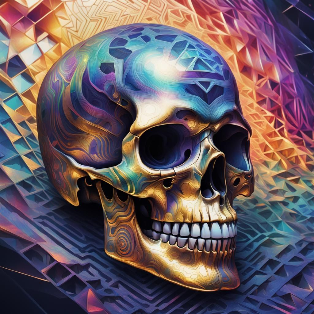 Psychedelic Skull with Geometric Patterns in Vaporwave Color...