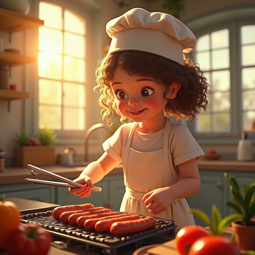 Young Girl Grasping Sausage Tongs in a Sunny Kitchen