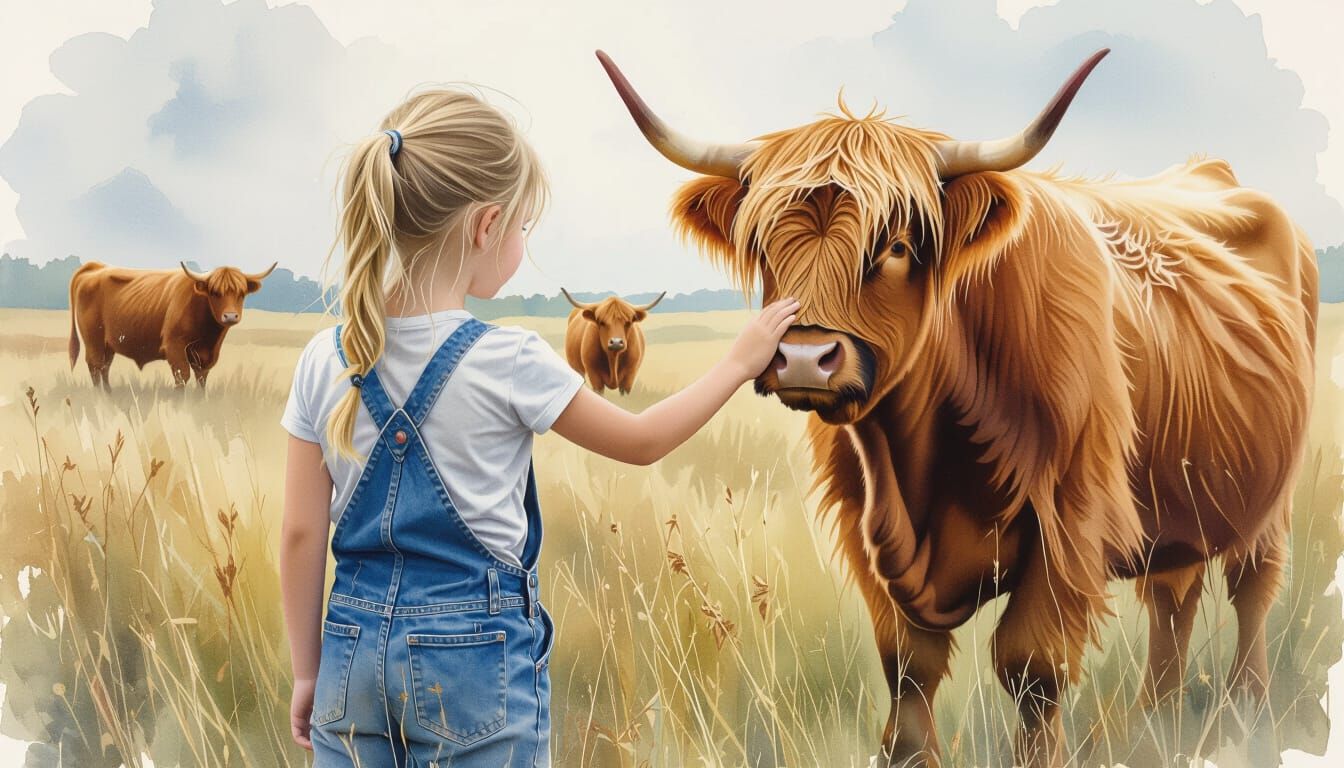 Girl and Highland Cow in Watercolor Meadow