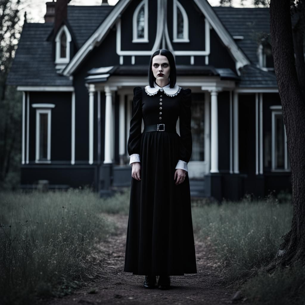 Gothic Wednesday Addams in Black Dress Photo
