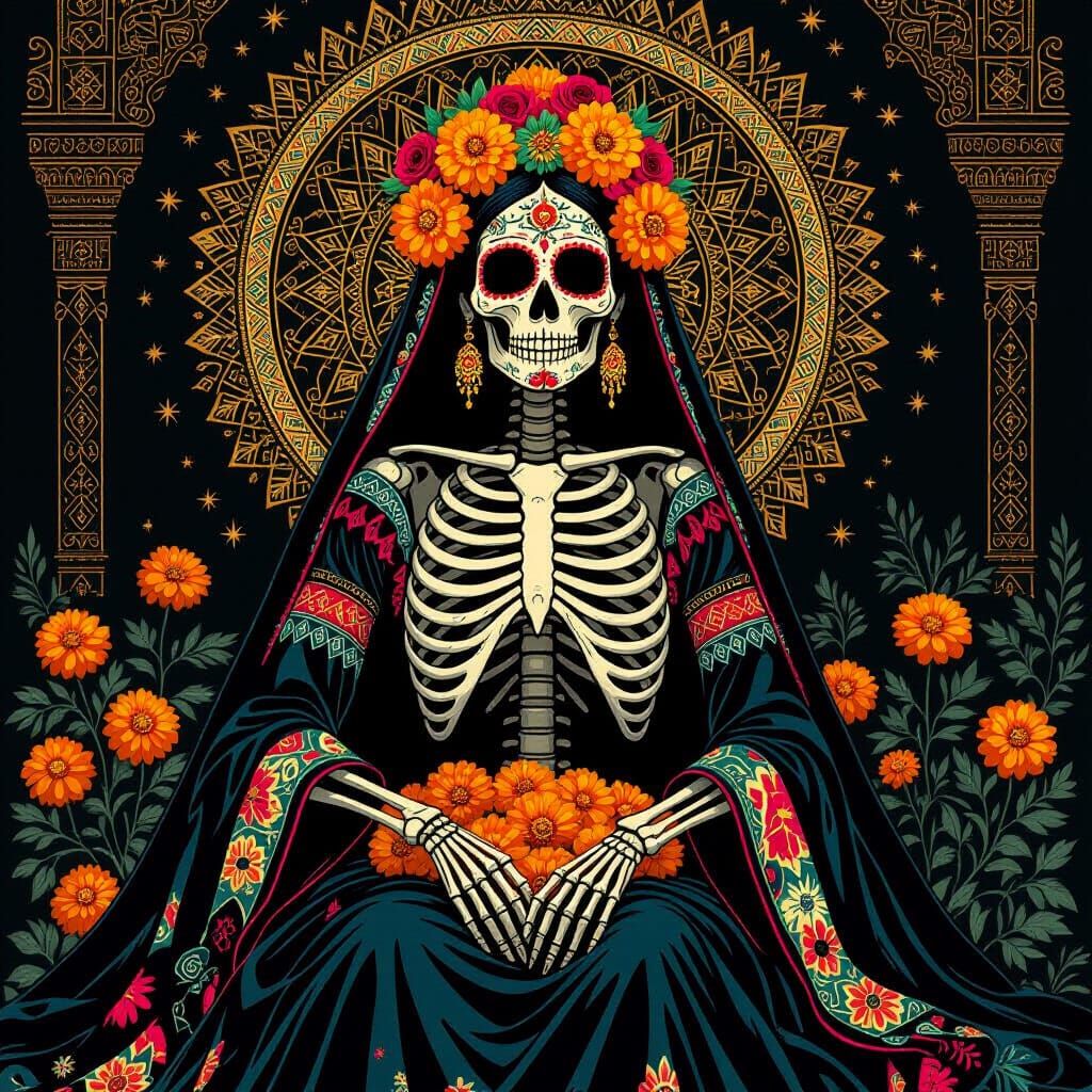 Skeletal Empress Tarot Card in Santa Muerte Style