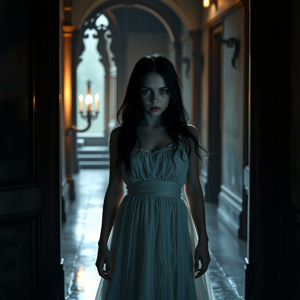 Girl in Castle Hallway with Flickering Candle