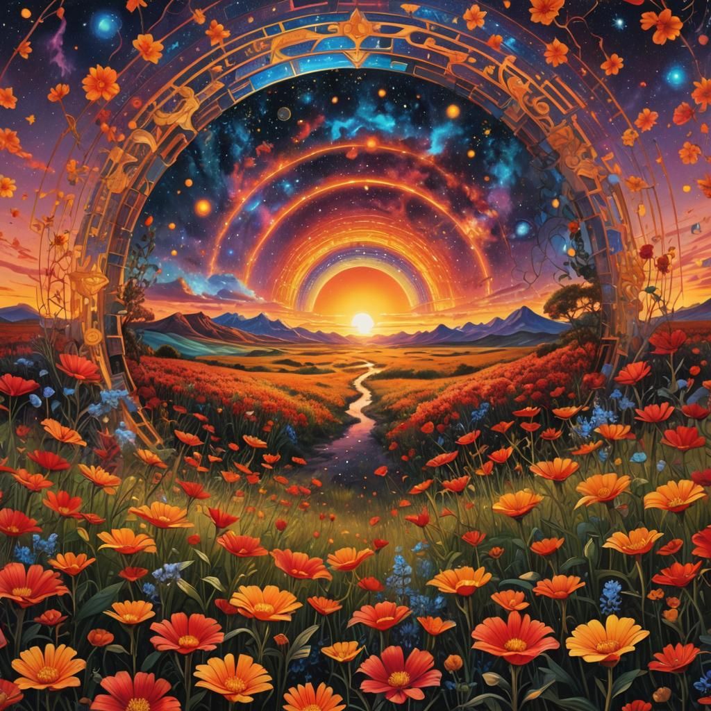 Cosmic Portal Reveals Sunset Flower Field
