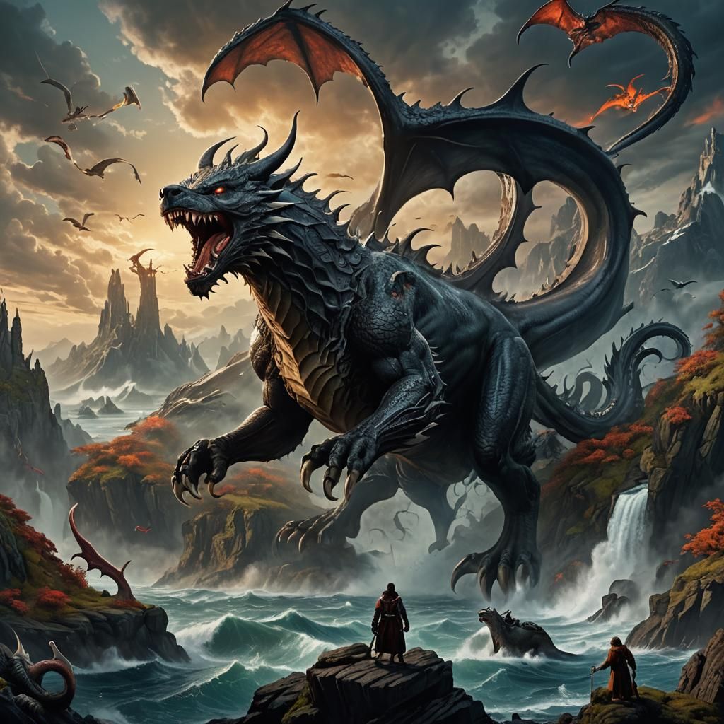 Detailed Dragon-Wolf Monster in a Fantasy Landscape