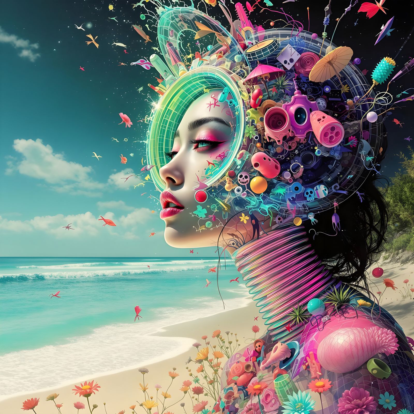 Surreal Beach Goddess with Neon Poncho and Underwater Portal