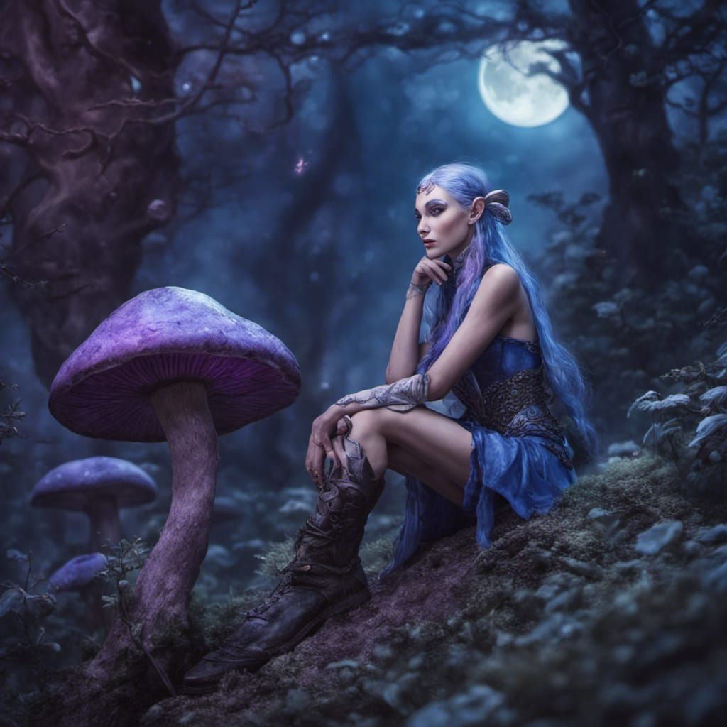 Moon Elf on Mythical Mushroom, Hyperrealistic Image