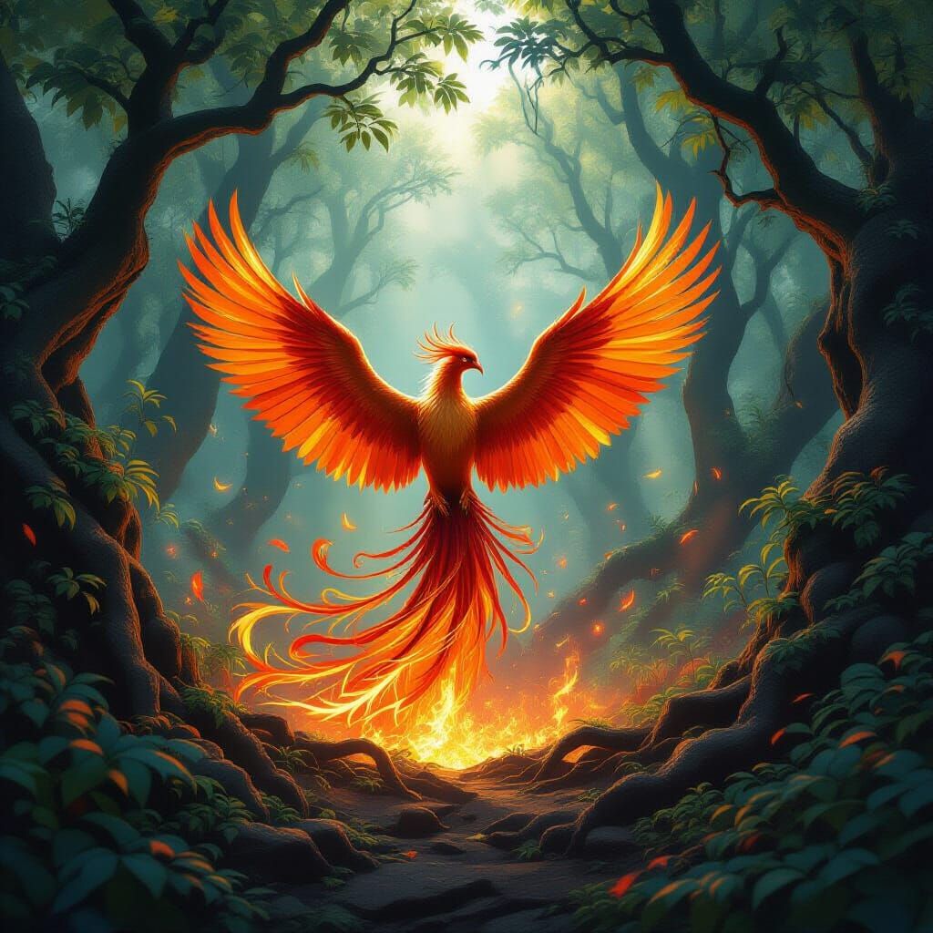 Majestic Phoenix Rises in Mystical Forest Clearing