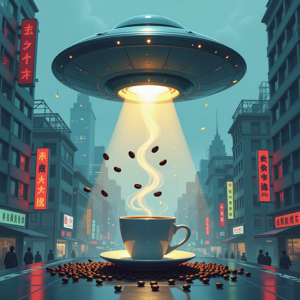 UFO Beams Up Coffee in Comic Book Style