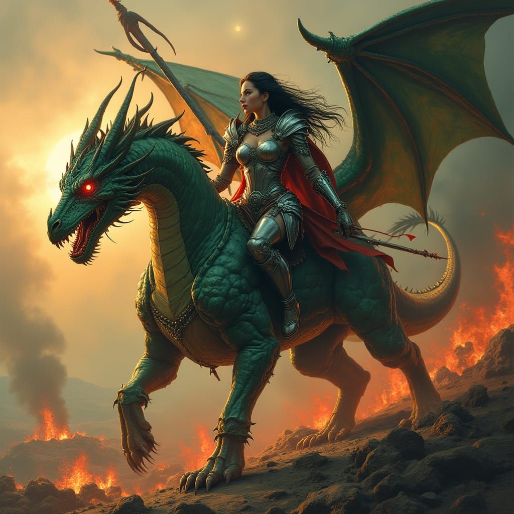 Dragon Rider on Burning Battlefield: Dark Fantasy Art