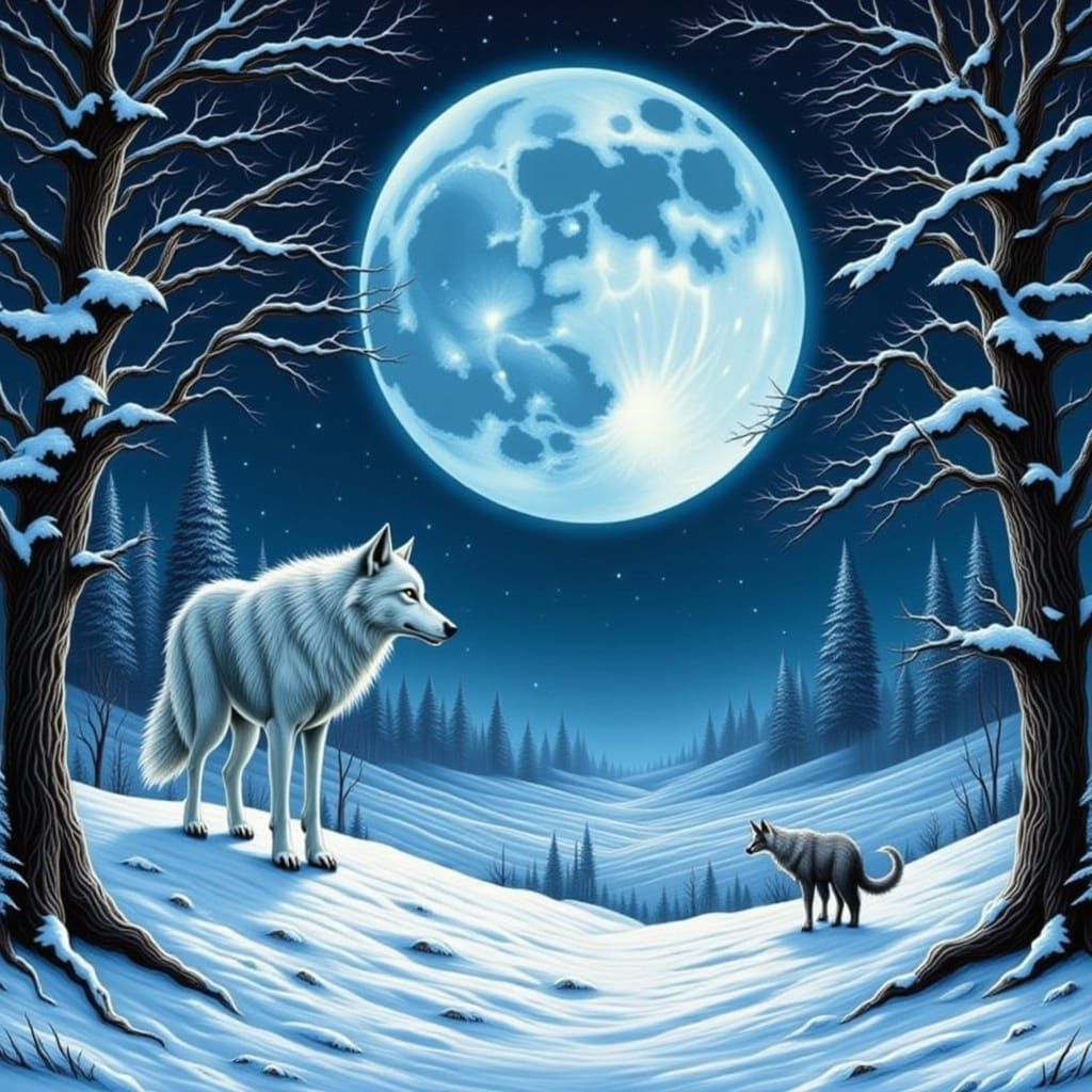 White Winter Wolf Watching the Moon