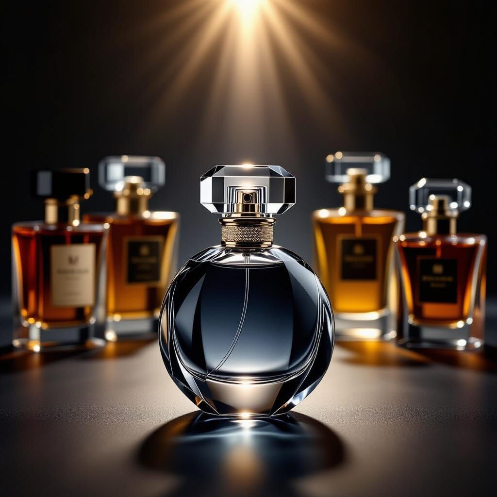 Glass Perfume Bottle Emitting Light with Collection Behind
