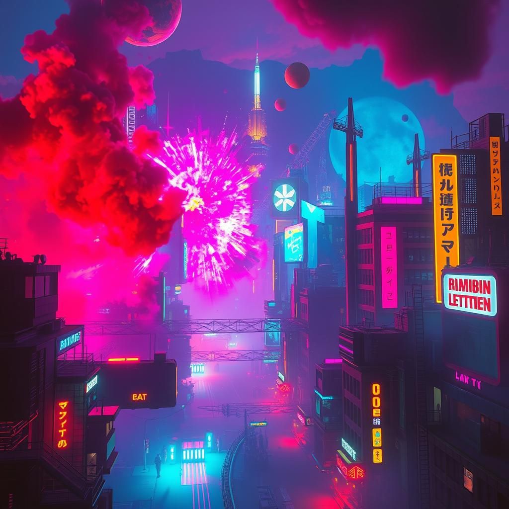 Cyberpunk Cityscape Explosion with Neon Lights