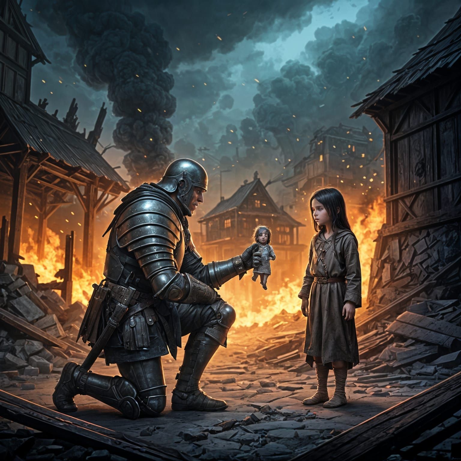 Heartwarming Soldier and Child in War-Torn Village