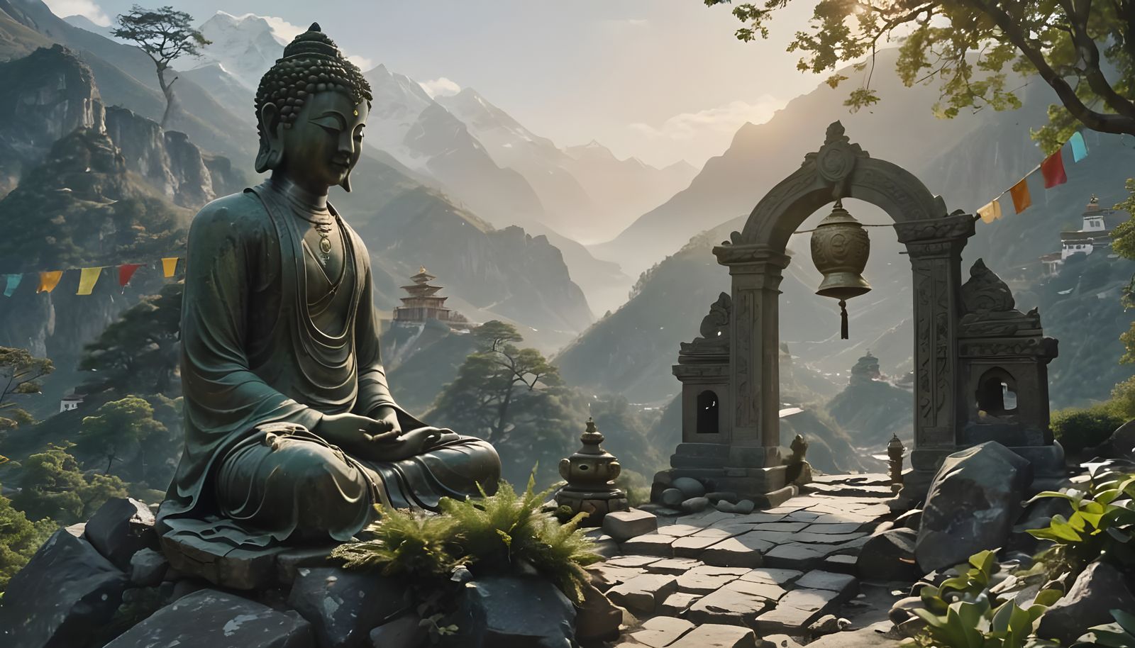 Green Tara Statue with Prayer Flags