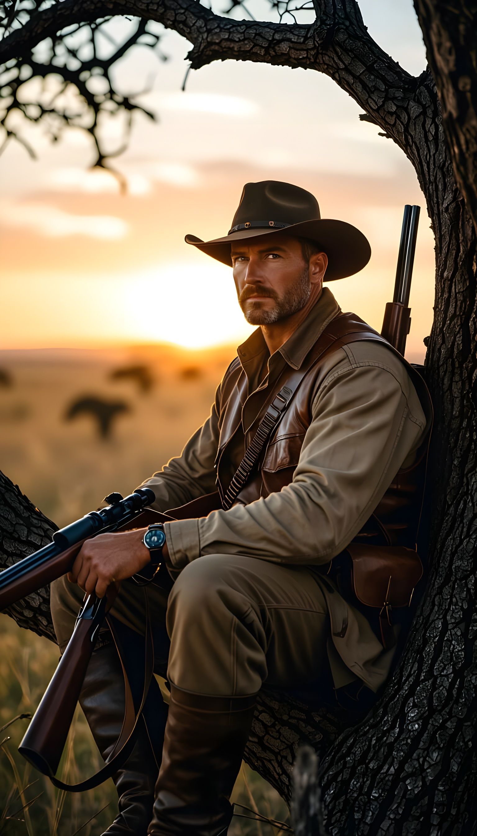 Brave Hunter Scans African Plains at Sunset