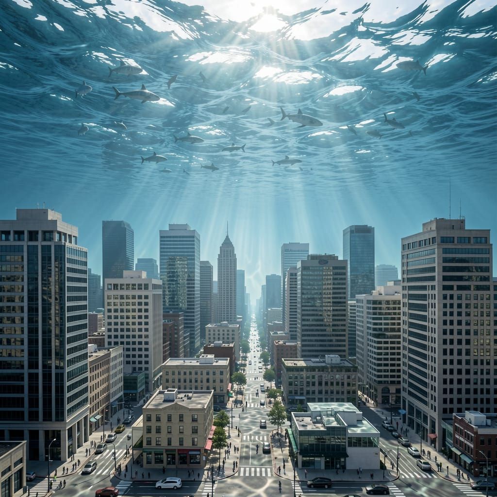Surreal Cityscape: Ocean Sky Above Realistic Metropolis