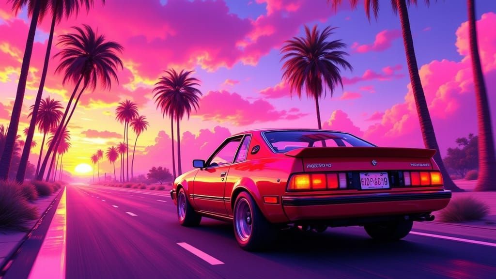 Sleek Cherry-Red Toyota Celica GT Speeds Down Palm Tree-Line...