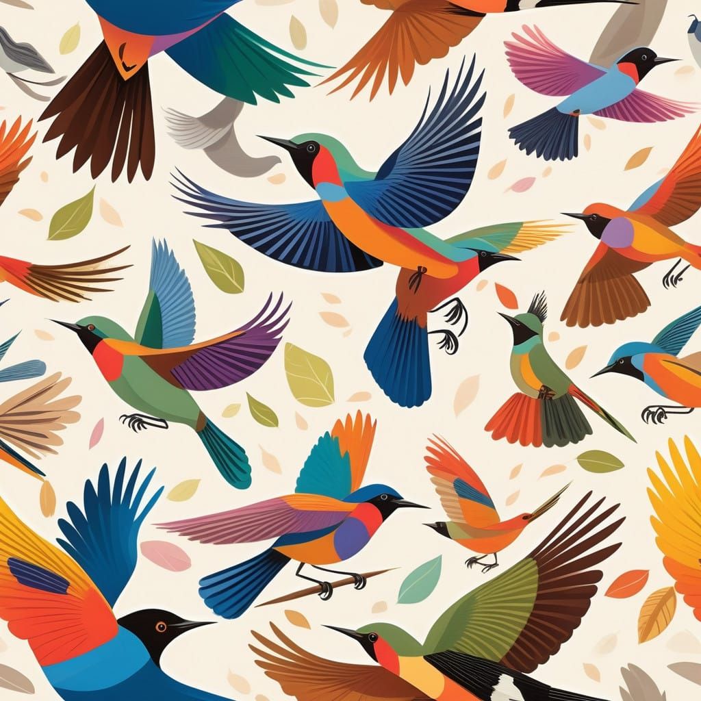 Vibrant Birds in Whimsical Flight