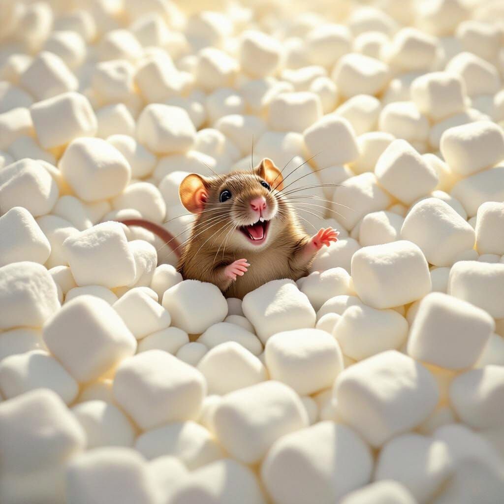 Joyful Rat Swims in Marshmallow Sea