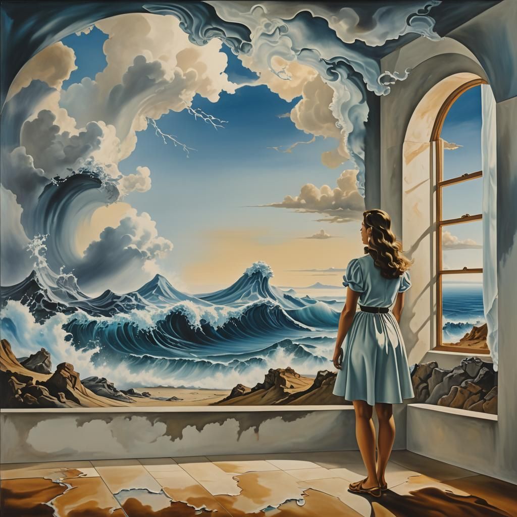 Girl looking by a window to a great wave in a Salvador Dalí surrealist landscape with antropomorphic clouds