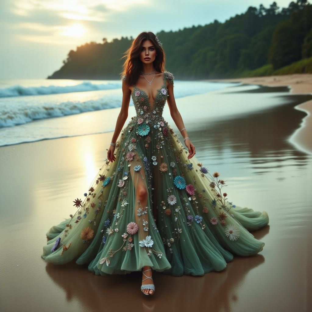 Ethereal Goddess in Gown Strolls Along Seaside