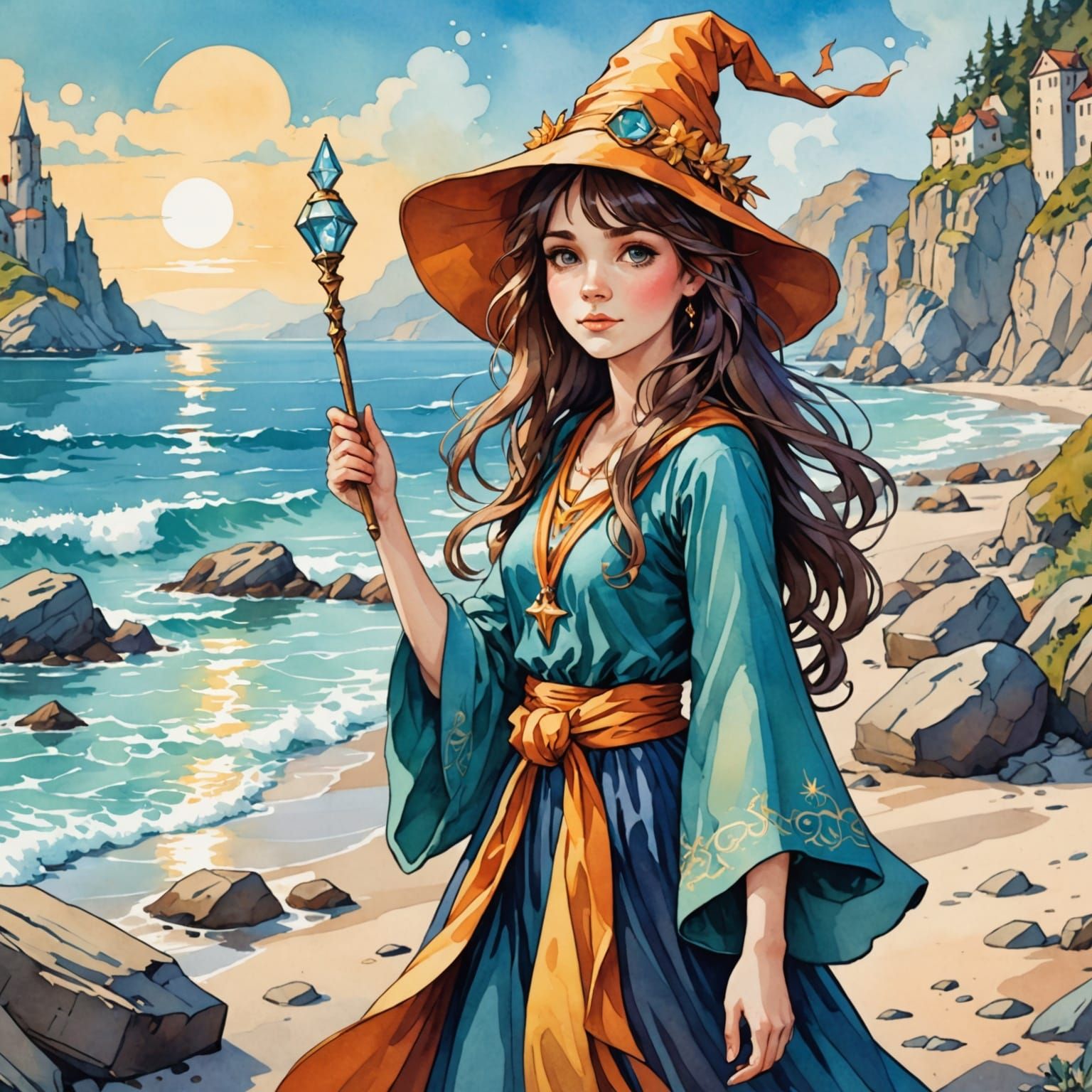 Cheerful Girl Wizard on Rocky Seashore in Manga Style