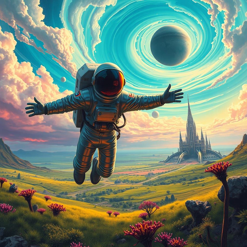 Ethereal Odyssey: Astronaut Soars Through Cosmic Vortex