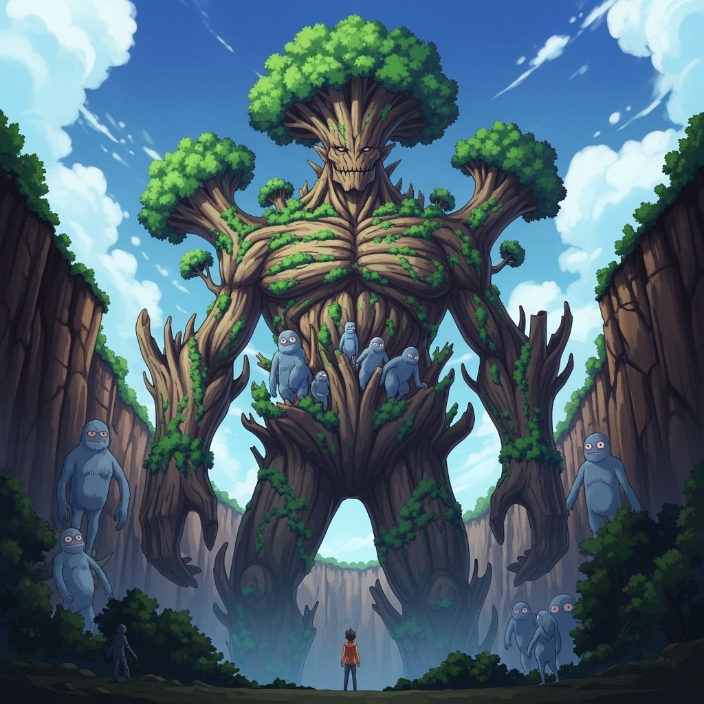Colossal Tree-Like Being as Forest Guardian in Anime Style