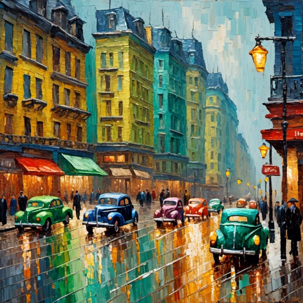 Rainy City Street in Neo-Impressionist Style