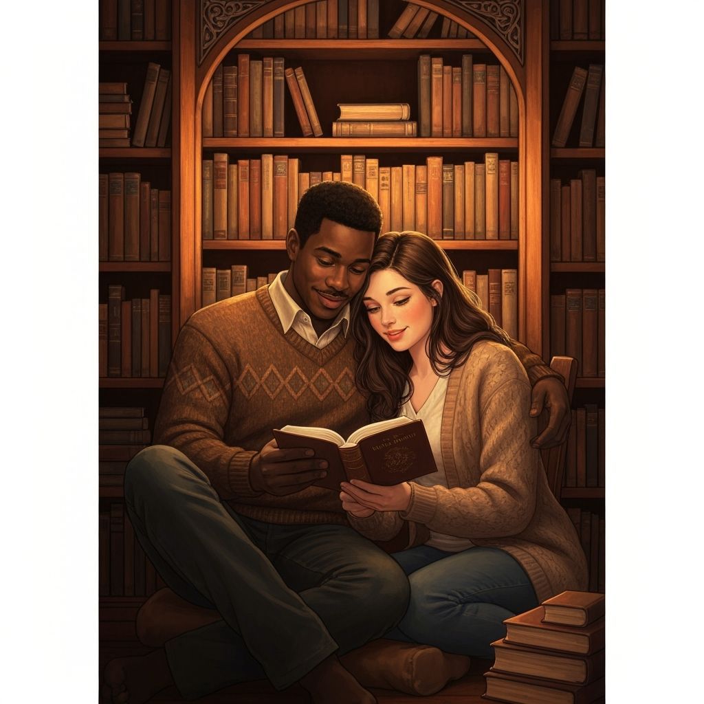 Couple Reading Bible by Candlelight in Cozy Book Nook