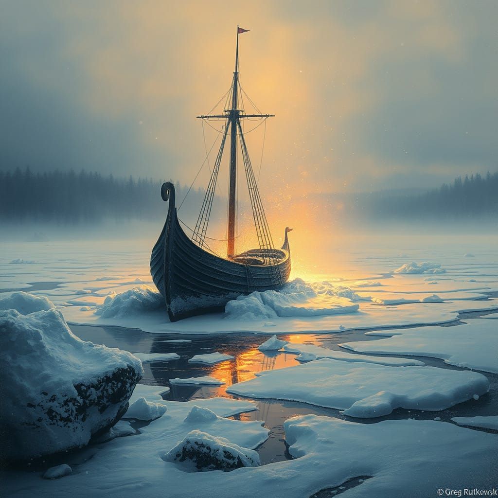 Viking Ship in Frozen Fjord Winter Wonderland